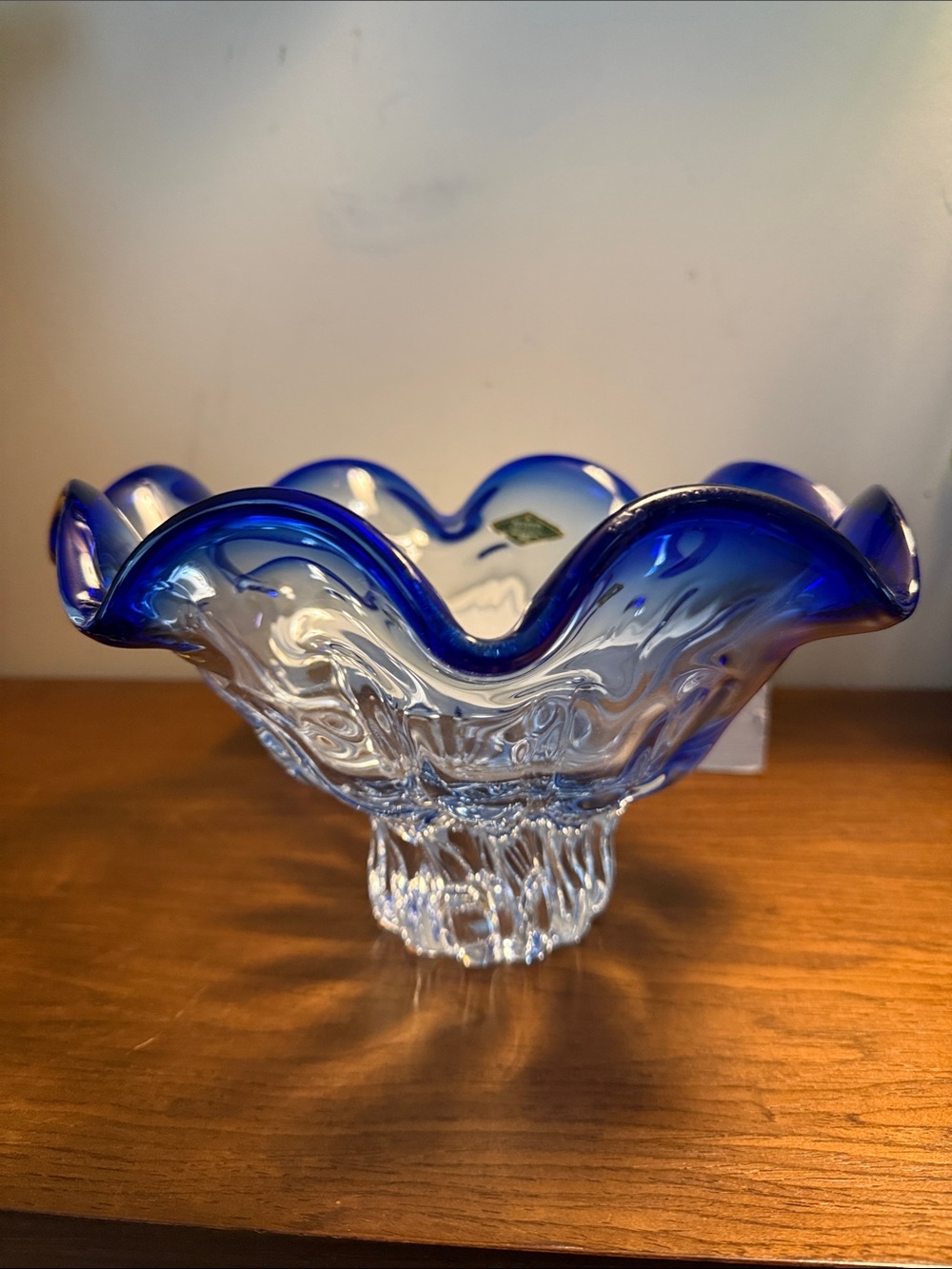 Shannon Crystal Designs Of Ireland Clear with Blue Ruffled Rim Bowl Poland 3142B